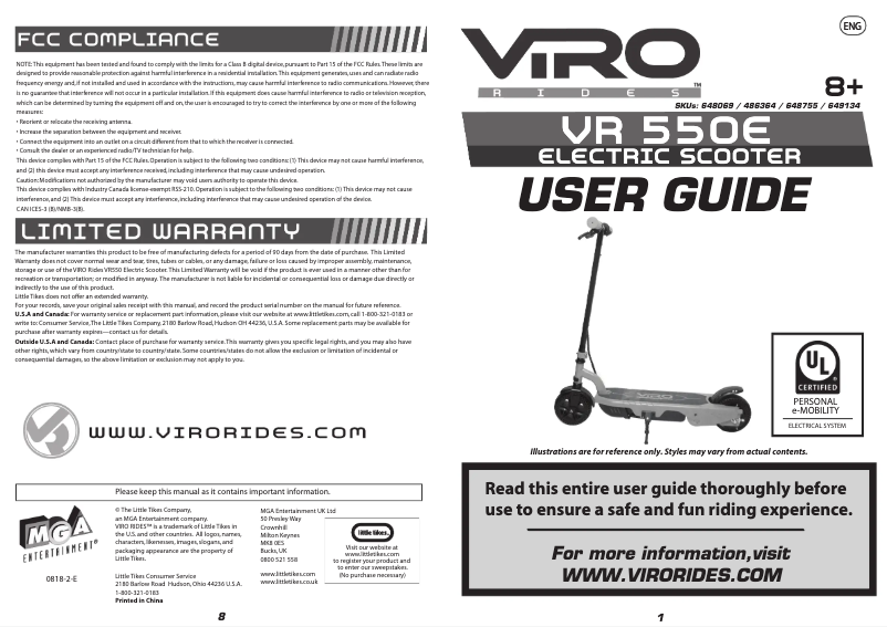First page image of the manual for VR 550E