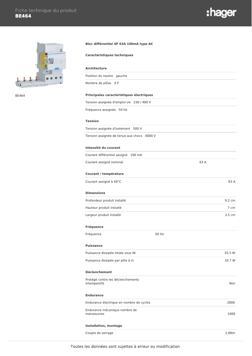 Page 1 of the manual Technical Sheet Hager BE464