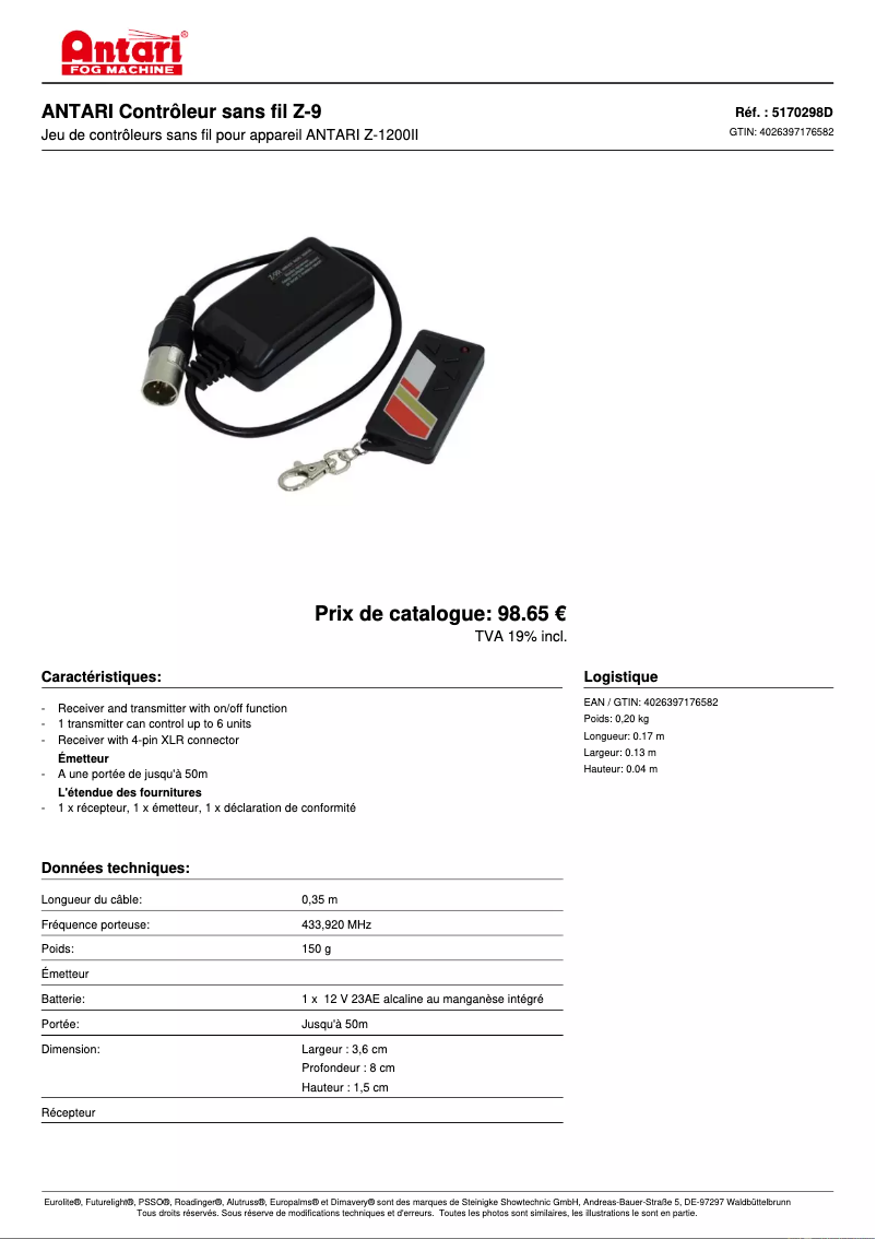 Page 1 of the manual Technical Sheet Antari Z-9