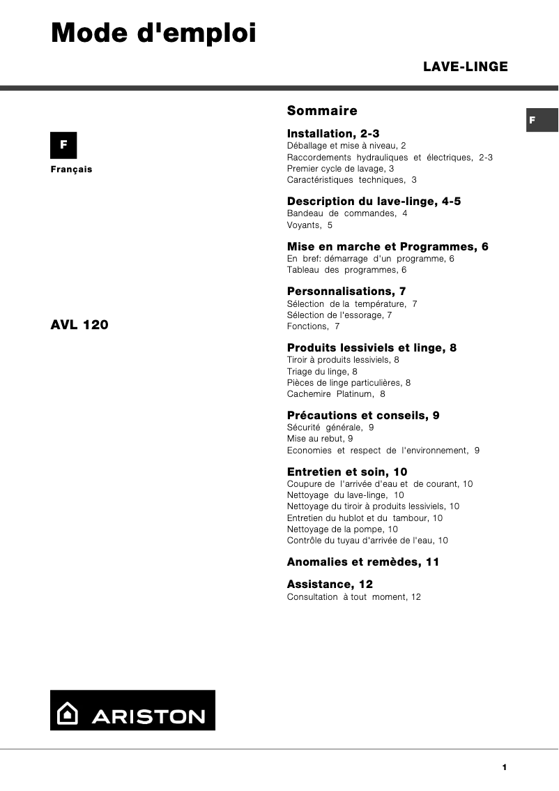 Page 1 of the manual User Manual Ariston Thermo AVL 120