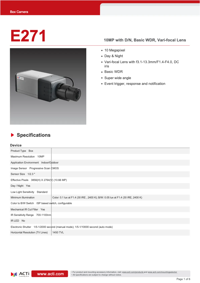 Page 1 of the manual Technical Sheet ACTi E271