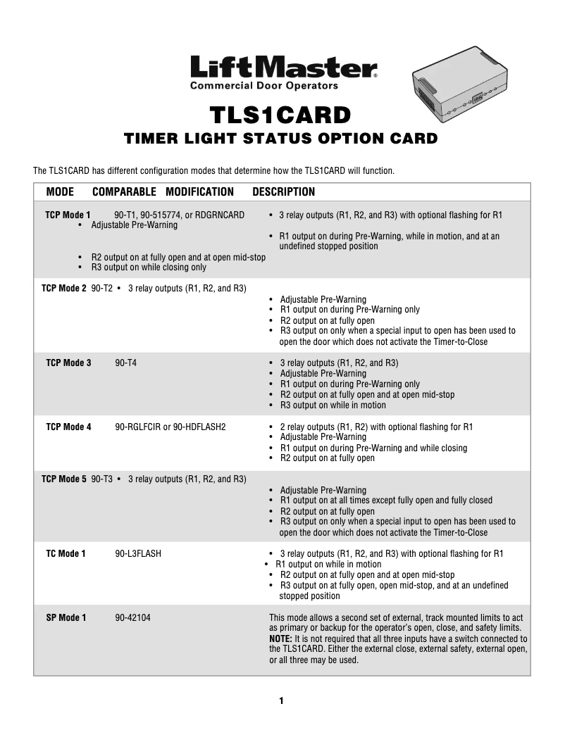 First page image of the manual for TLS1CARD
