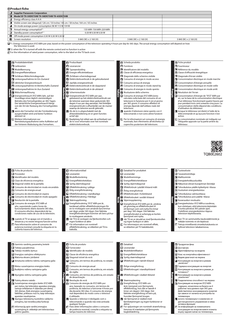 Page 1 of the manual Technical Sheet Panasonic Viera TX-65DX750B