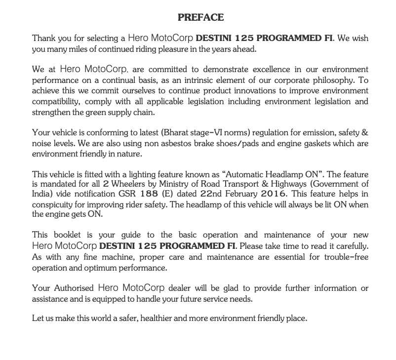 First page image of the manual for Destini 125 (2020)