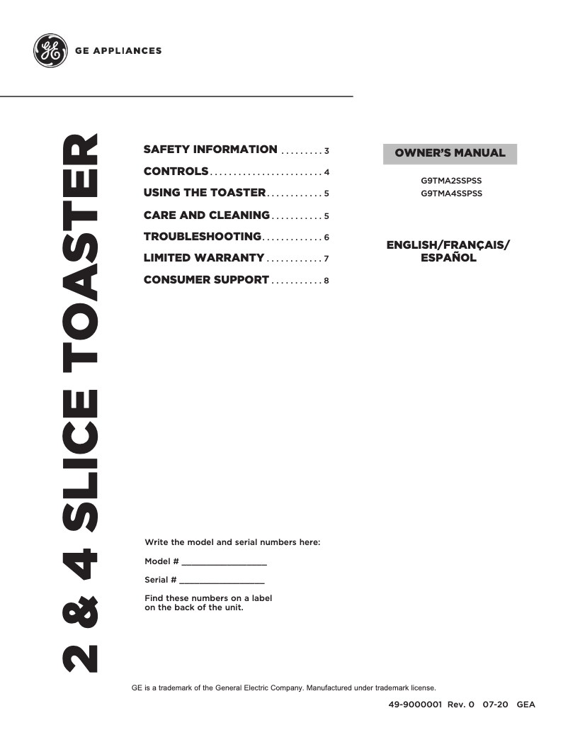 Page 1 of the manual User Manual GE G9TMA2SSPSS