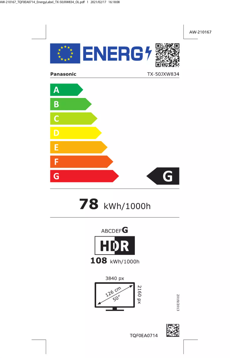 Page 1 of the manual Energy Label Panasonic TX-50JXW834