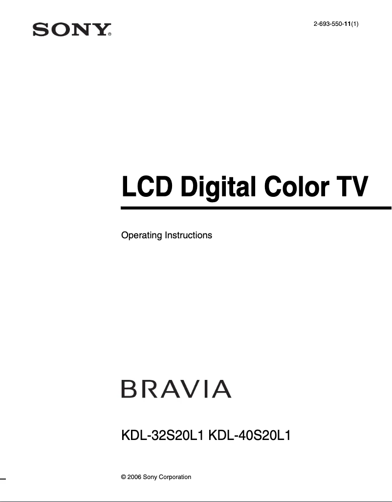 First page image of the manual for Bravia KDL-40S20L1