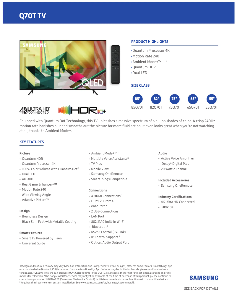 First page image of the manual for QN75Q70TAFXZA