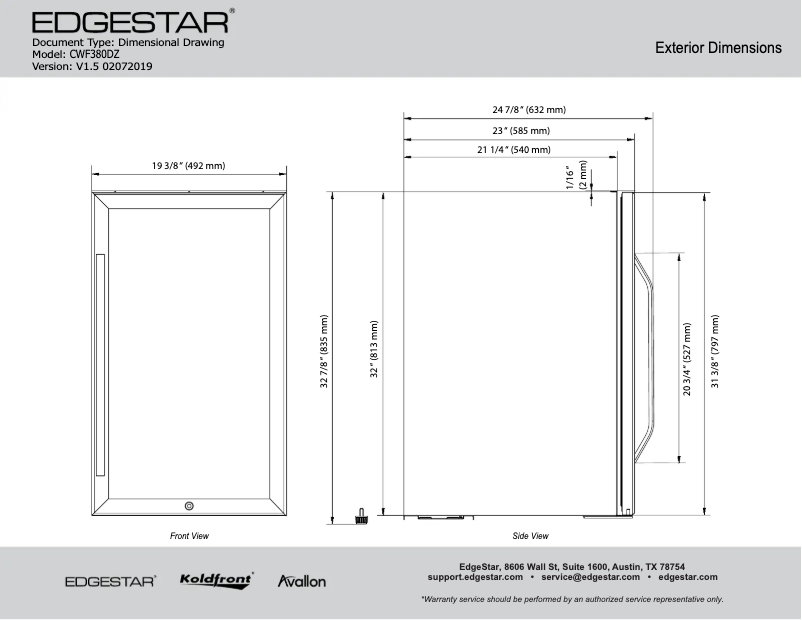 Page 1 of the manual Technical Sheet EdgeStar CWF380DZ