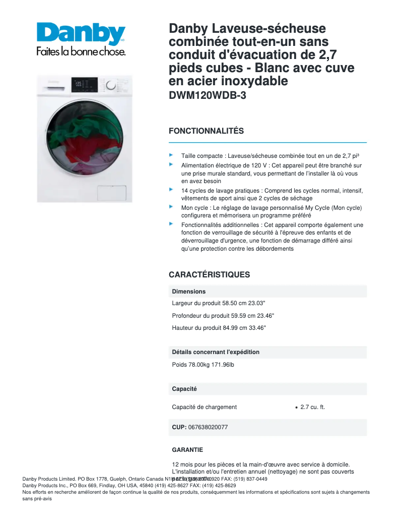 Page 1 of the manual Technical Sheet Danby DWM120WDB-3