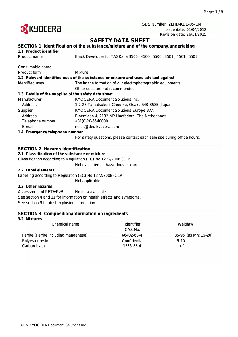 Page 1 of the manual Safety Instructions Kyocera TASKalfa 3501i