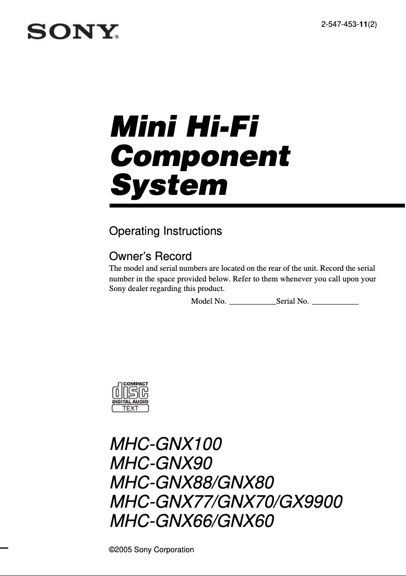 First page image of the manual for MHC-GX9900