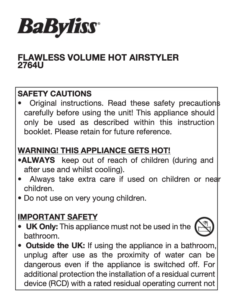 Page 1 of the manual User Manual BaByliss Flawless Volume 2764U