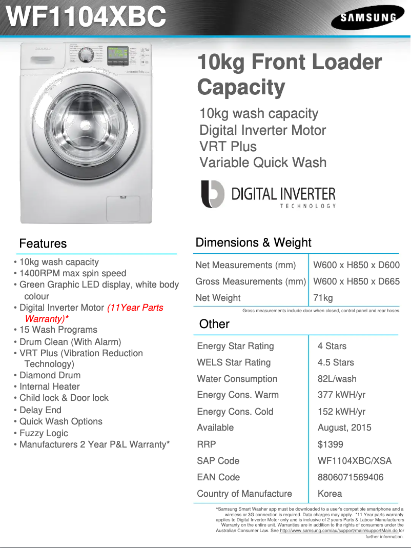 Page 1 of the manual Technical Sheet Samsung WF1104XBC