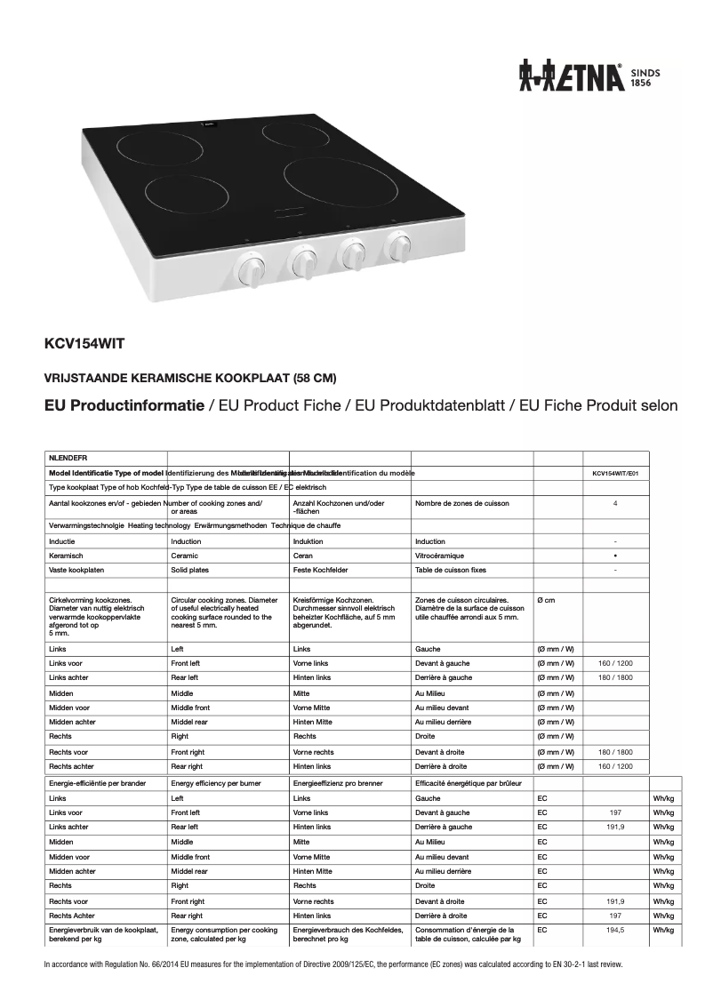 Page 1 of the manual Technical Sheet Etna KCV154WIT