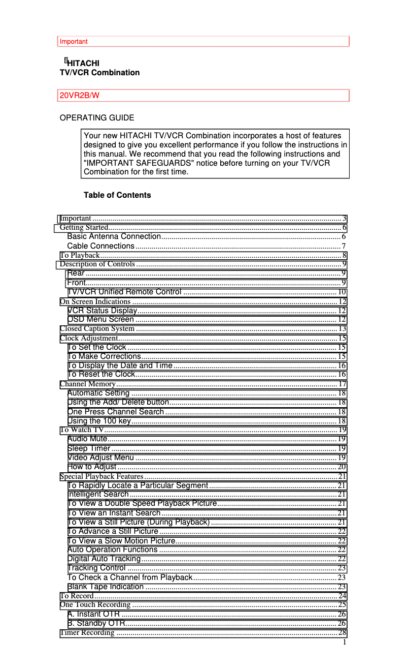 Page 1 of the manual User Manual Hitachi 20VR2B