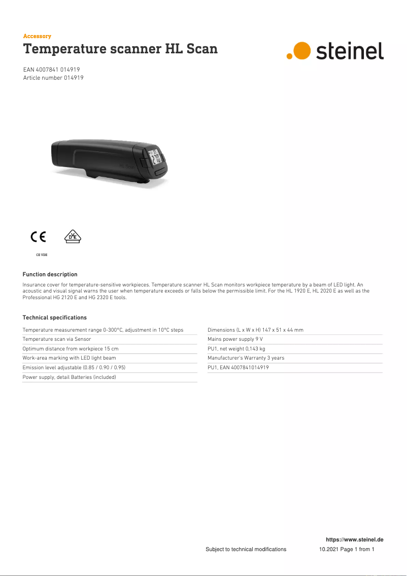 Page 1 of the manual Technical Sheet Steinel HL Scan