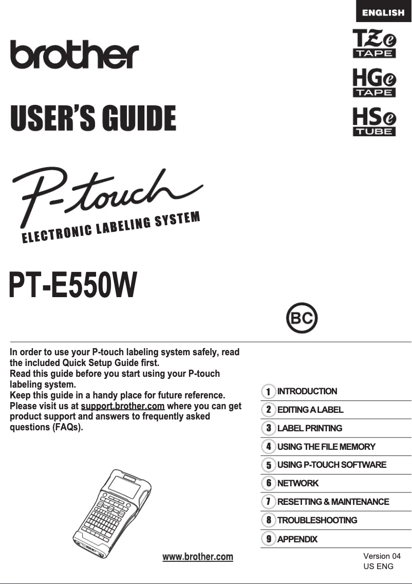 First page image of the manual for P-Touch Edge PT-E550W