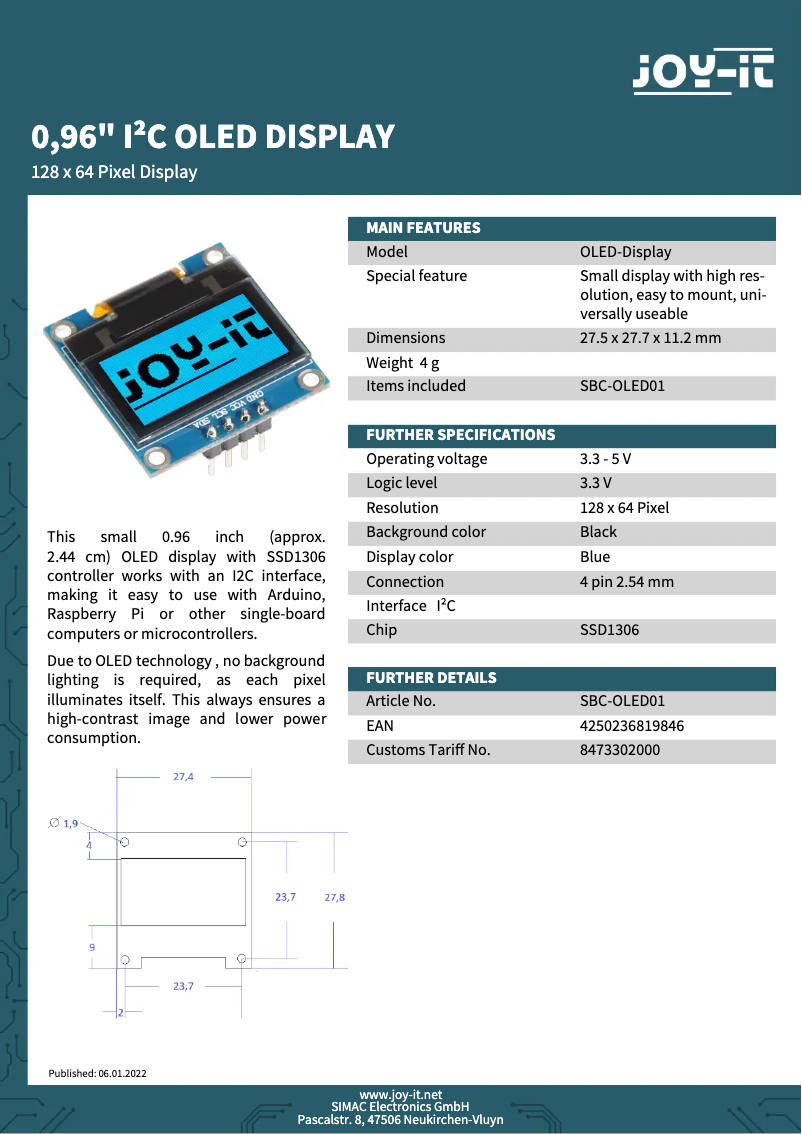 Image de la première page du manuel de l'appareil SBC-OLED01