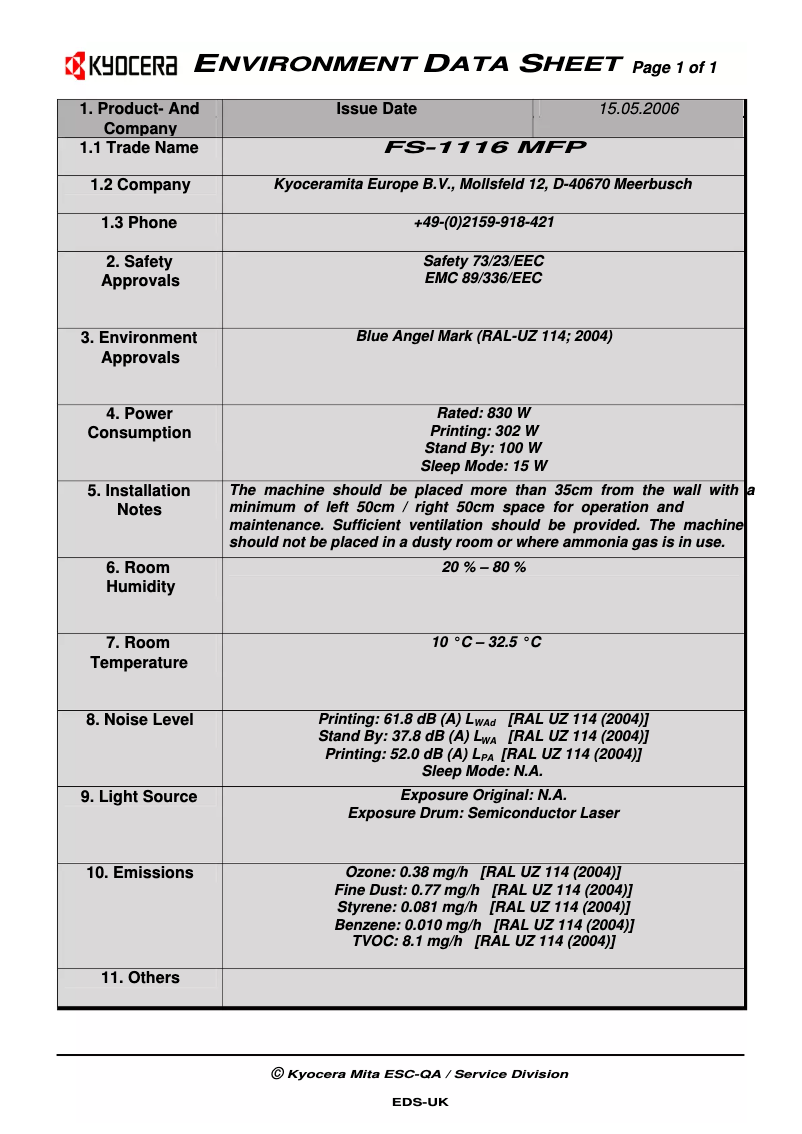 Page 1 of the manual Technical Sheet Kyocera FS-1116MFP