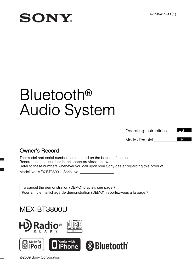 Page 1 of the manual User Manual Sony MEX-BT3800U
