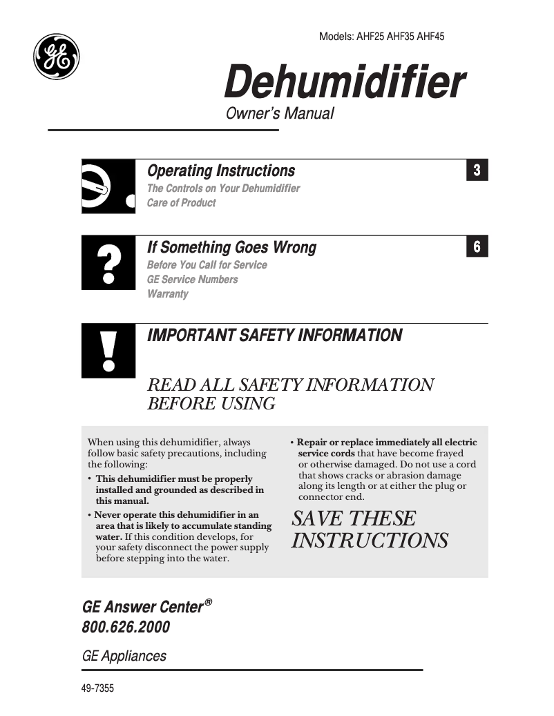 Page 1 of the manual User Manual GE AHF25LA