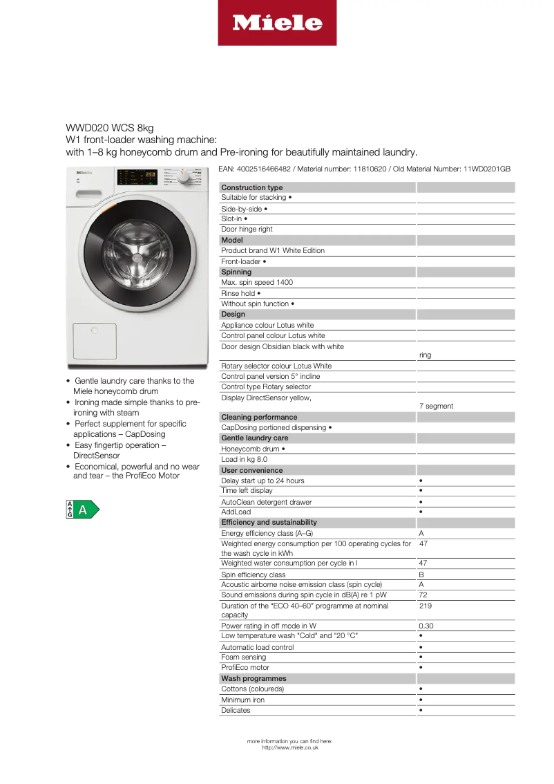 Page 1 of the manual Technical Sheet Miele WWD 020 WCS