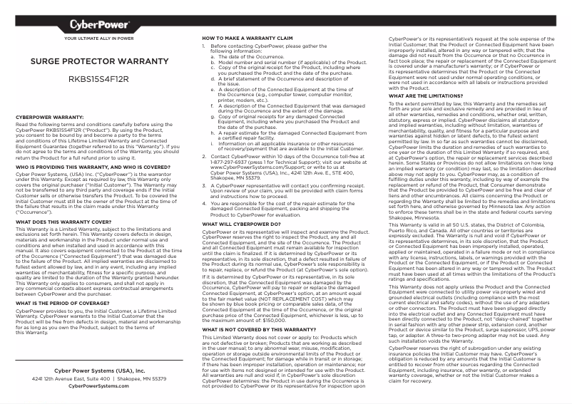 Page 1 of the manual Warranty Information CyberPower Rackbar RKBS15S4F12R