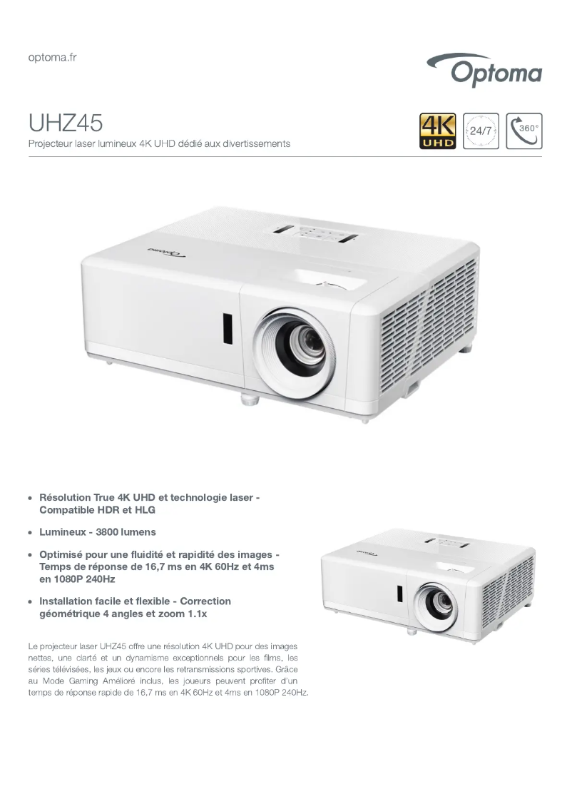 Page 1 of the manual Technical Sheet Optoma UHZ45