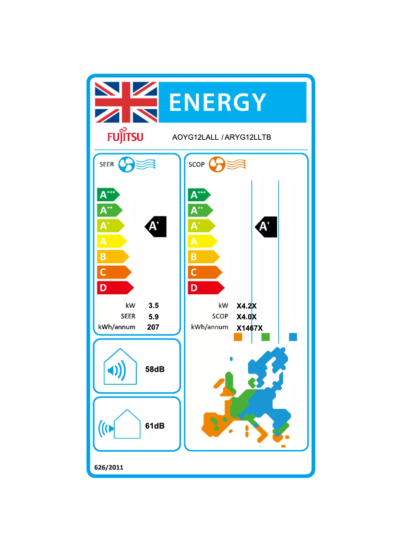 Page 1 of the manual Energy Label Fujitsu ARYG12LLTB