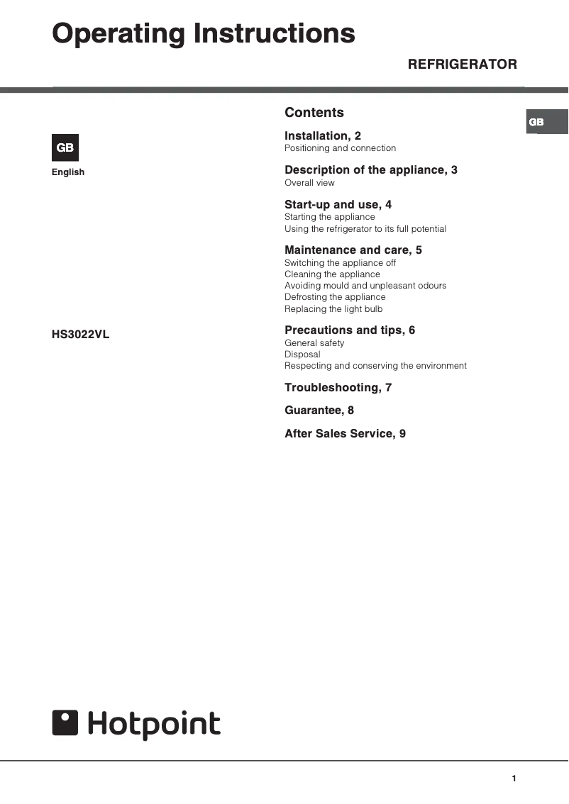 Page 1 of the manual User Manual Hotpoint HS3022VL