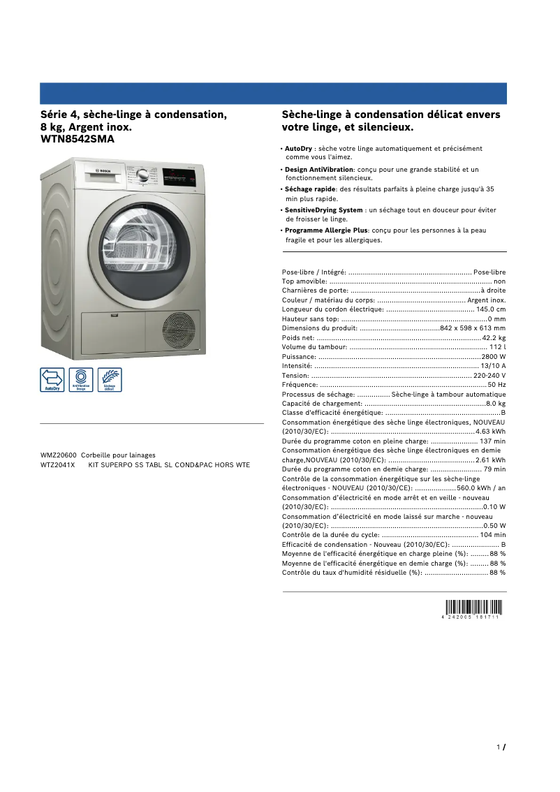 Page 1 of the manual Technical Sheet Bosch WTN8542SMA