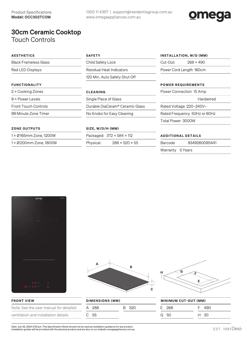 Page 1 of the manual Technical Sheet Omega OCC302TCOM