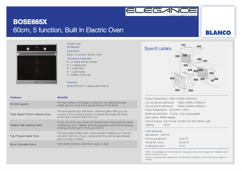 Page 1 of the manual Technical Sheet BLANCO BOSE665X