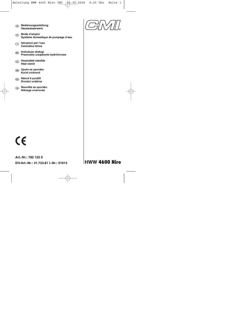 First page image of the manual for HWW 4600 Niro