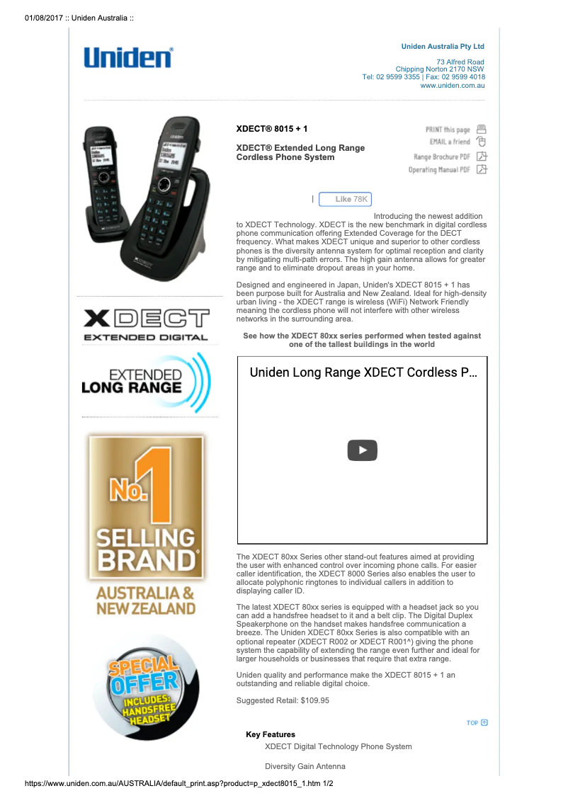 Page 1 of the manual User Manual Uniden XDECT 8015