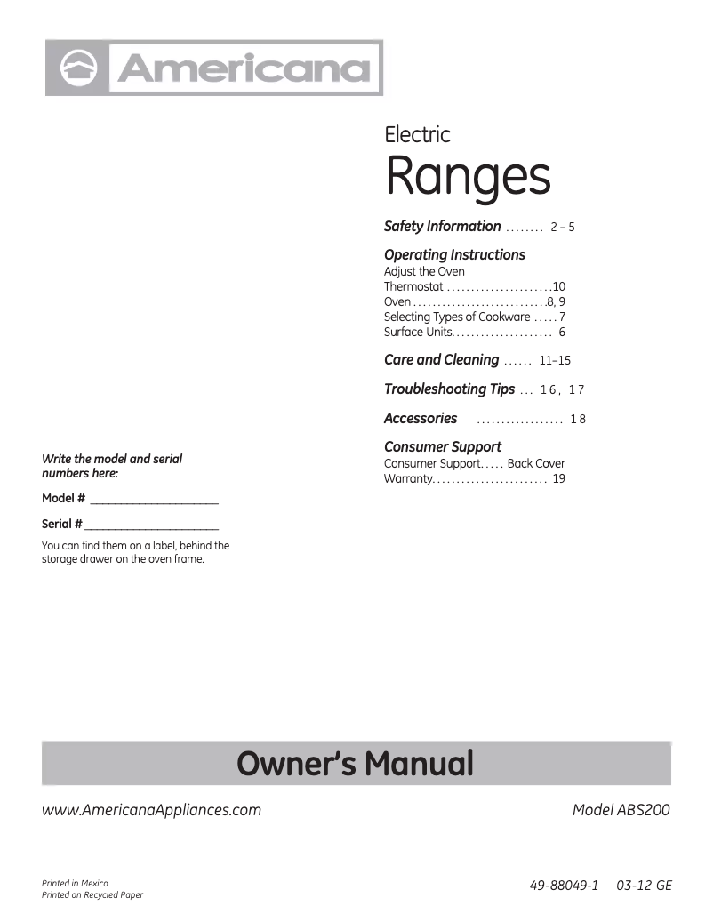 Page 1 of the manual Use and Maintenance Manual Americana ABS200PWW