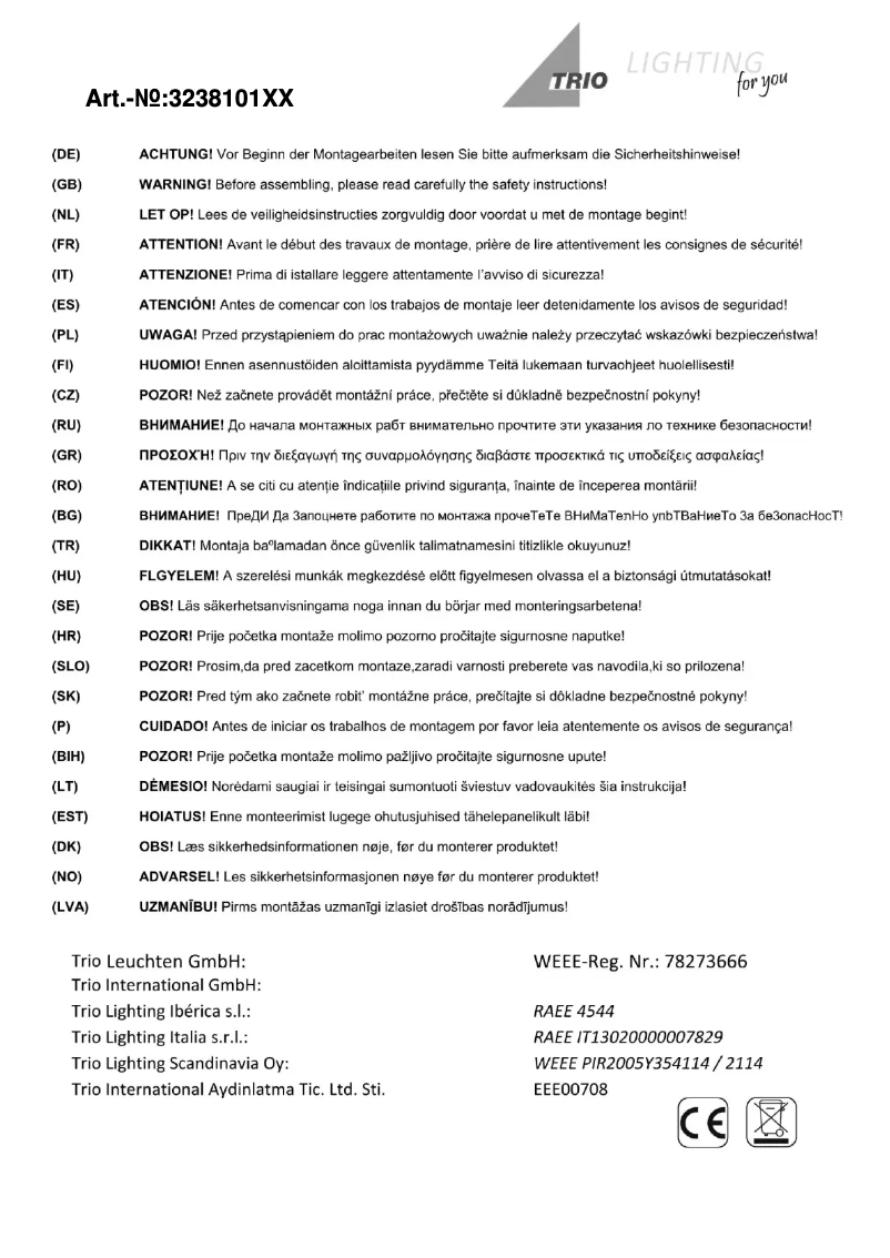 Page 1 of the manual User Manual Trio Lighting Zenit 323810179