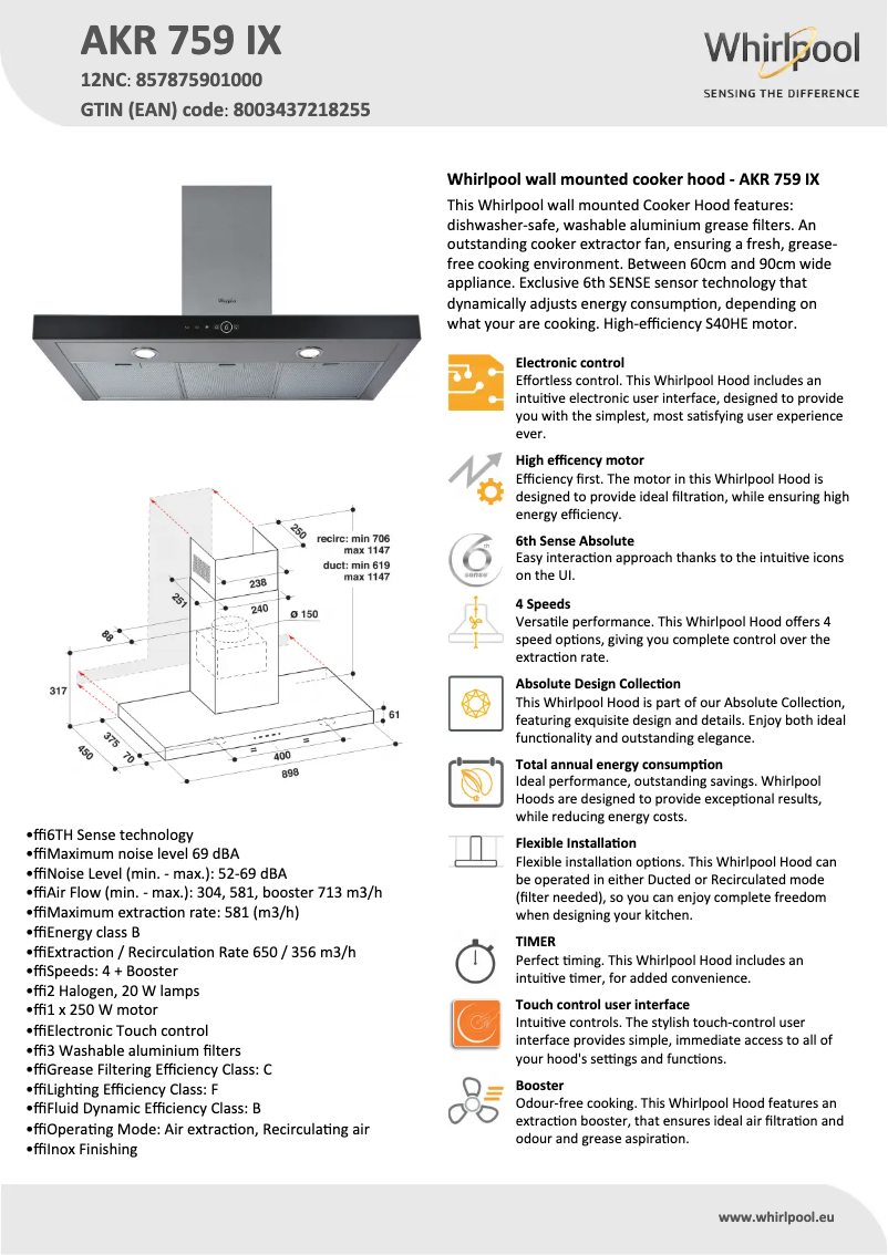 Page 1 de la notice Fiche technique Whirlpool AKR 759 IX