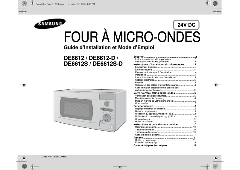 Page 1 of the manual User Manual Samsung DE6612S-D