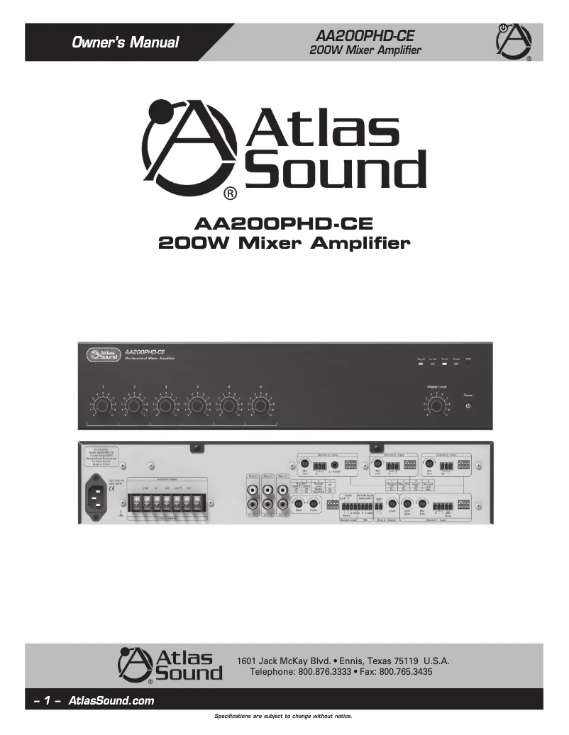 Page 1 of the manual User Manual Atlas Sound AA200PHD-CE