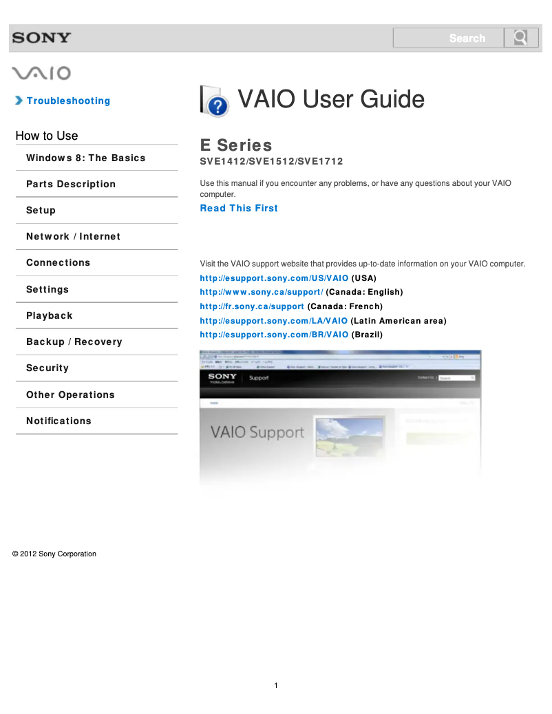 First page image of the manual for Vaio SVE1512MPXS
