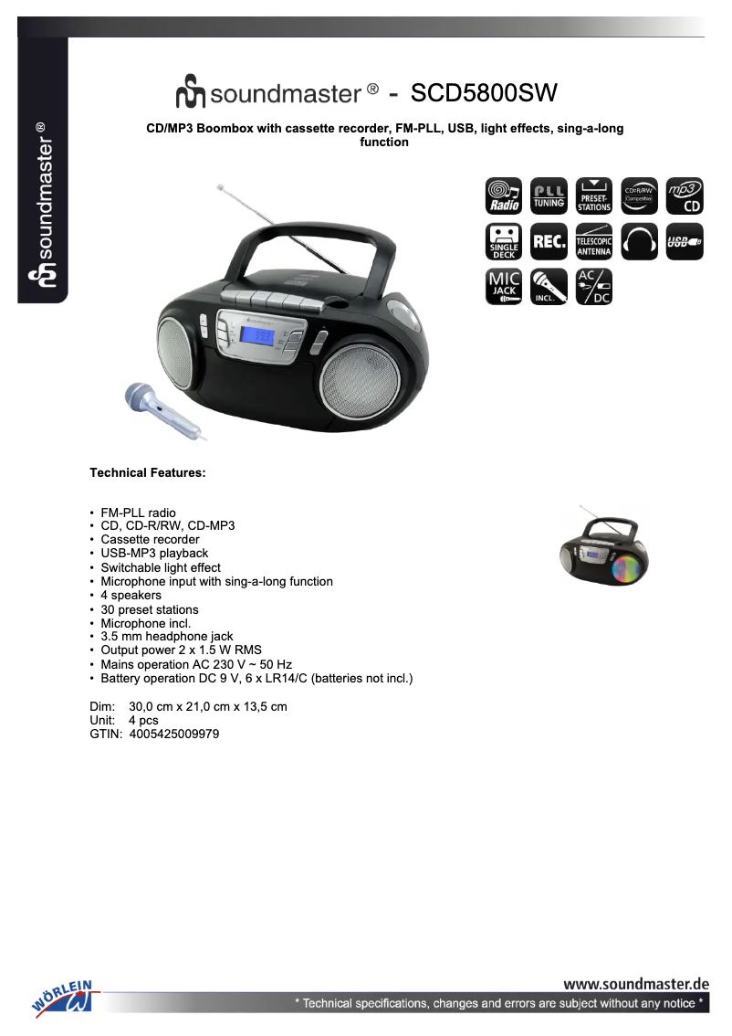 Page 1 of the manual Technical Sheet Soundmaster SCD5800