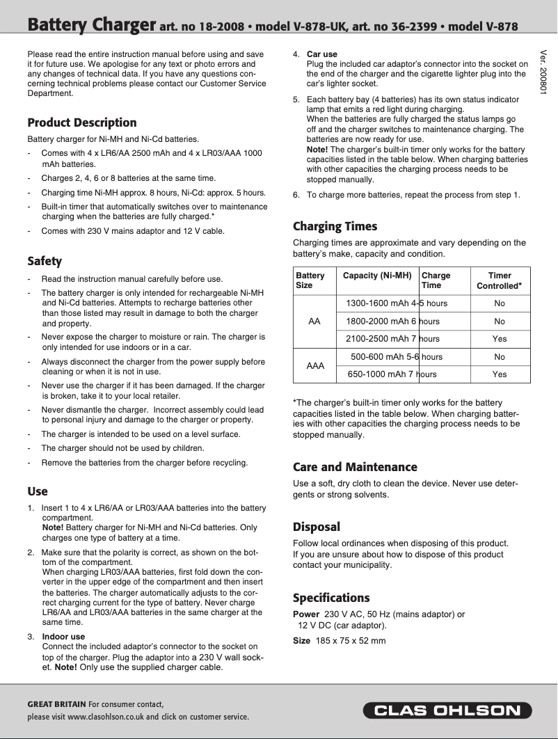 First page image of the manual for V-878