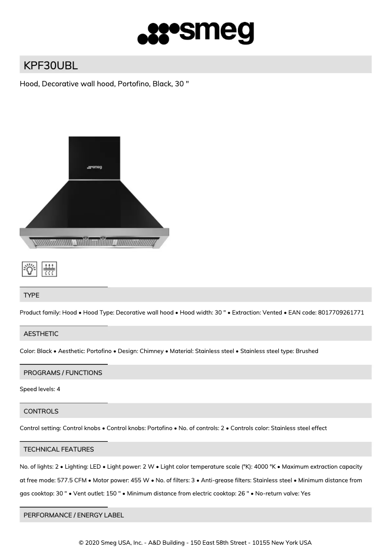 Page 1 of the manual Technical Sheet Smeg KPF30UBL