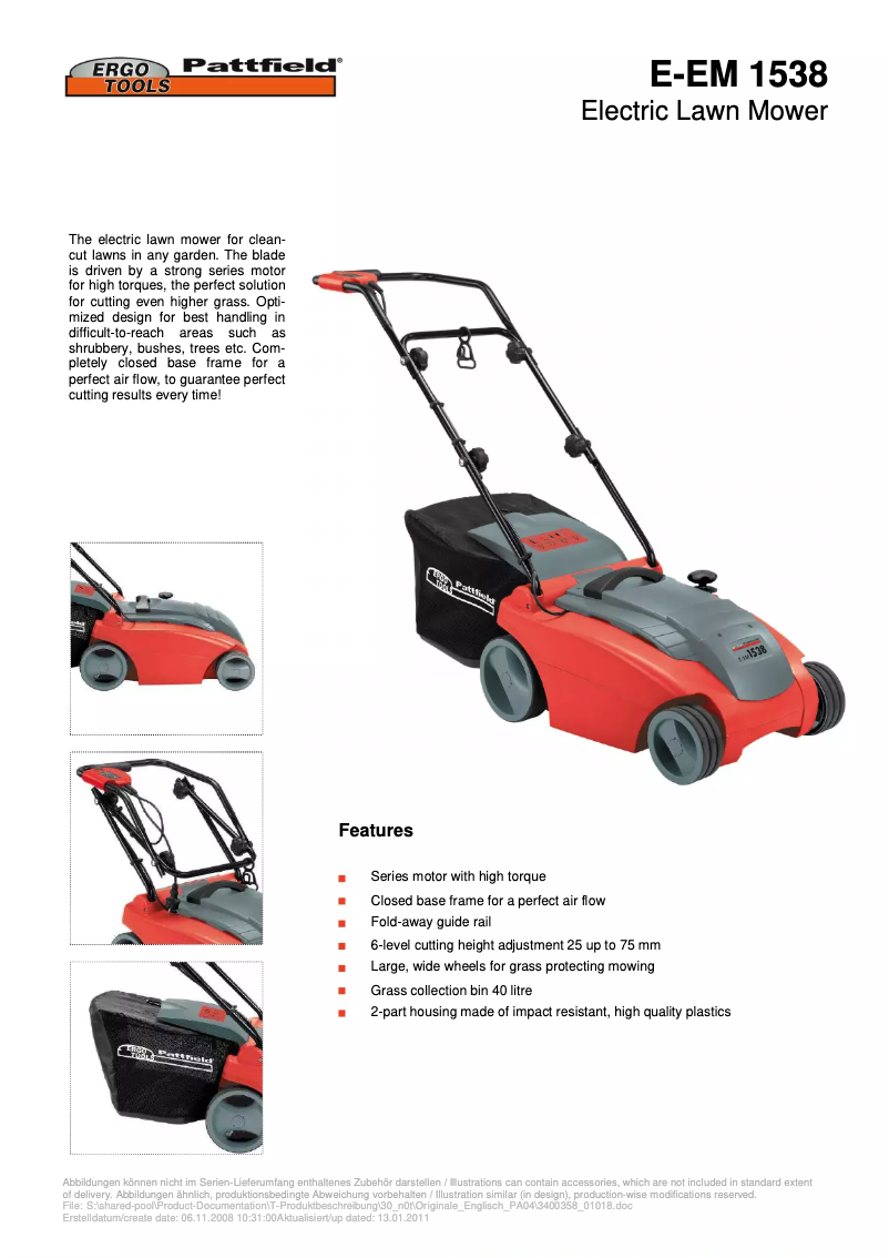 Page 1 of the manual User Manual Ergotools Pattfield E-EM 1538