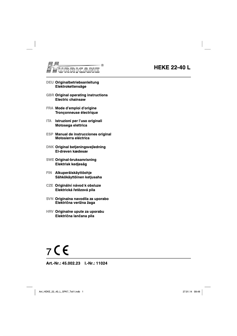 Page 1 of the manual User Manual Hurricane HEKE 22-40 L