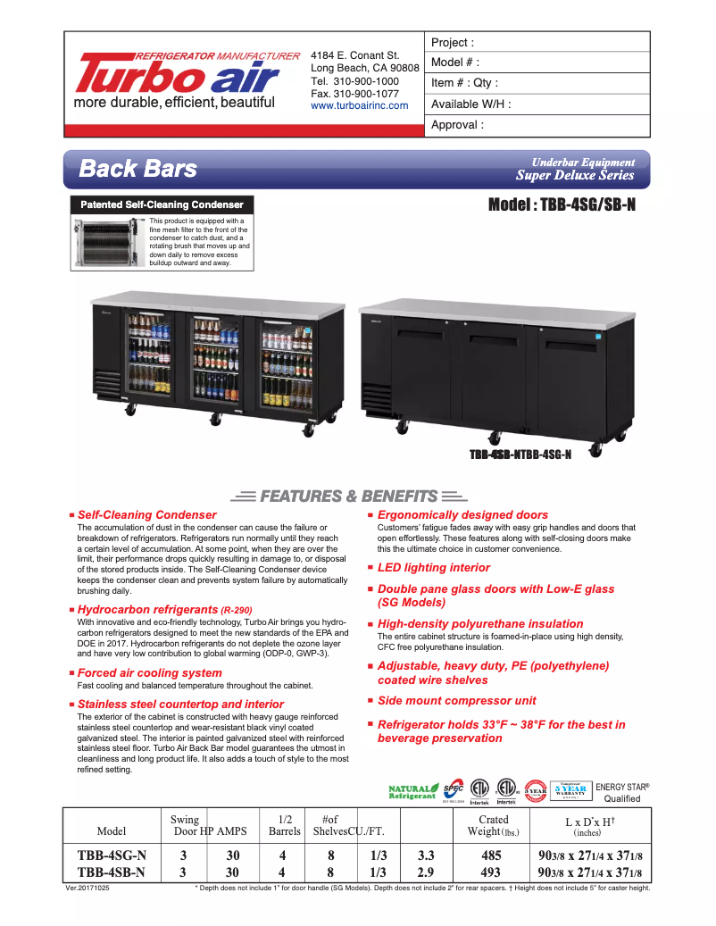 Page 1 of the manual Technical Sheet Turbo air TBB-4SG