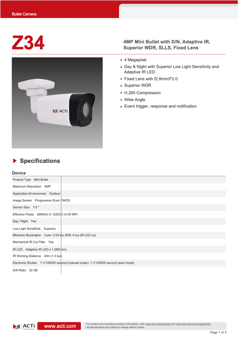Page 1 of the manual Technical Sheet ACTi Z34