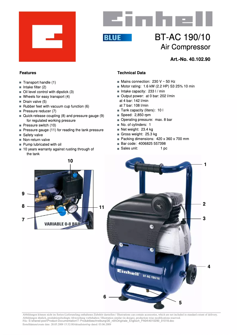 Page 1 of the manual User Manual Einhell BT-AC 190/10